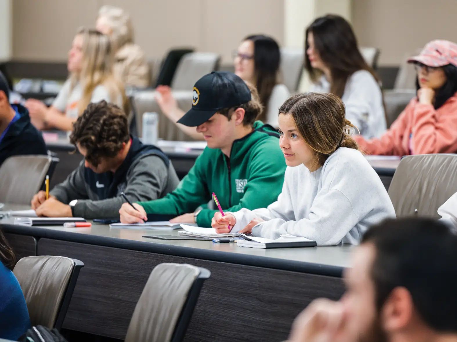 Students listening to lecture in OBU classroom.
