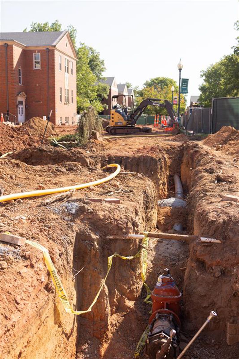 Trenches dug for piping in front of Thurmond Hall