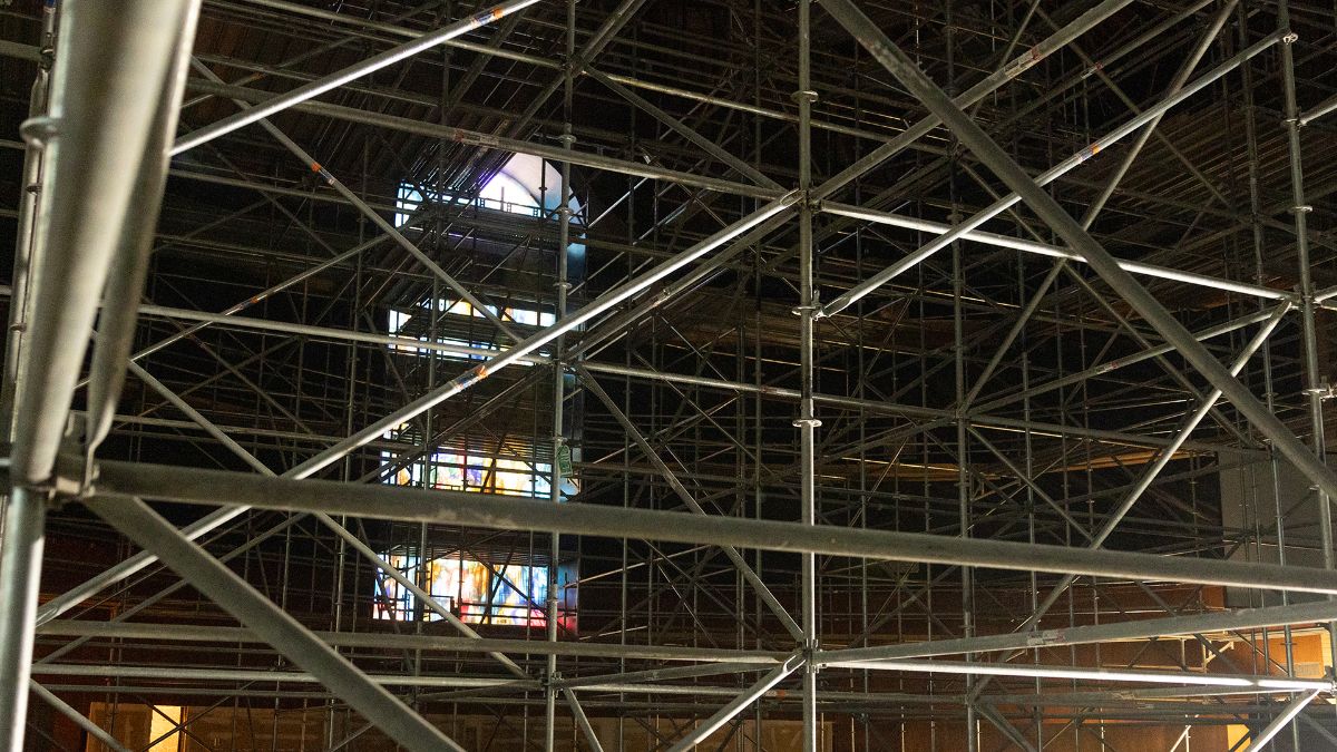 Scaffolding on the interior of Potter Auditorium