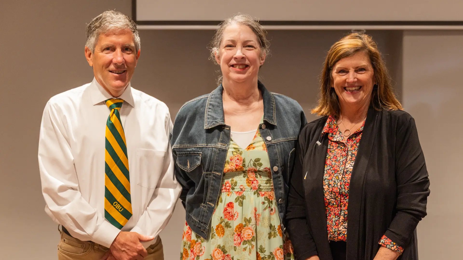 Oklahoma Baptist University hosted a retirement reception for three long-time faculty and staff members on April 23 at the Geiger Center on the OBU campus in Shawnee. Retiring employees include Dr. Brad Jett, James E. Hurley Professor of Biology, after 28 years of service; Tina Nickerson, administrative assistant in the School of Education, who served 32 years; and Kelley Chlouber, administrative assistant in the School of Business, after 12 years.