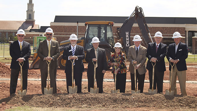 Oklahoma Baptist University broke ground for the Mathena Center Friday, May 16. The ceremony was held at 11 a.m., prior to the university's 100th Spring Commencement at 3 p.m. that afternoon. Pictured, left to right: Stan Lingo, president of Lingo Construction; Robert Davenport, director of athletics; Dr. David Lawrence, chairman of the OBU board of trustees and pastor of Emmanuel Baptist Church, Weatherford, Okla.; OBU President David W. Whitlock; Patricia Mathena; Harold Mathena; Dr. Anthony Jordan, executive director / treasurer of the Baptist General Convention of Oklahoma; and Dr. Hance Dilbeck, senior pastor, Quail Springs Baptist Church, Oklahoma City.