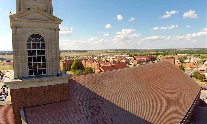 Raley Chapel's roof shows its years worth of wear.